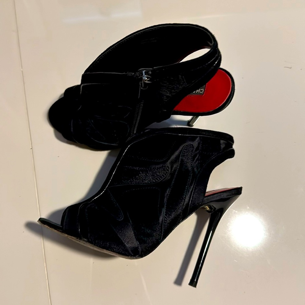 Charles Jourdan Black Leather and Pony Hair Peeptoe Bootie Size 6
